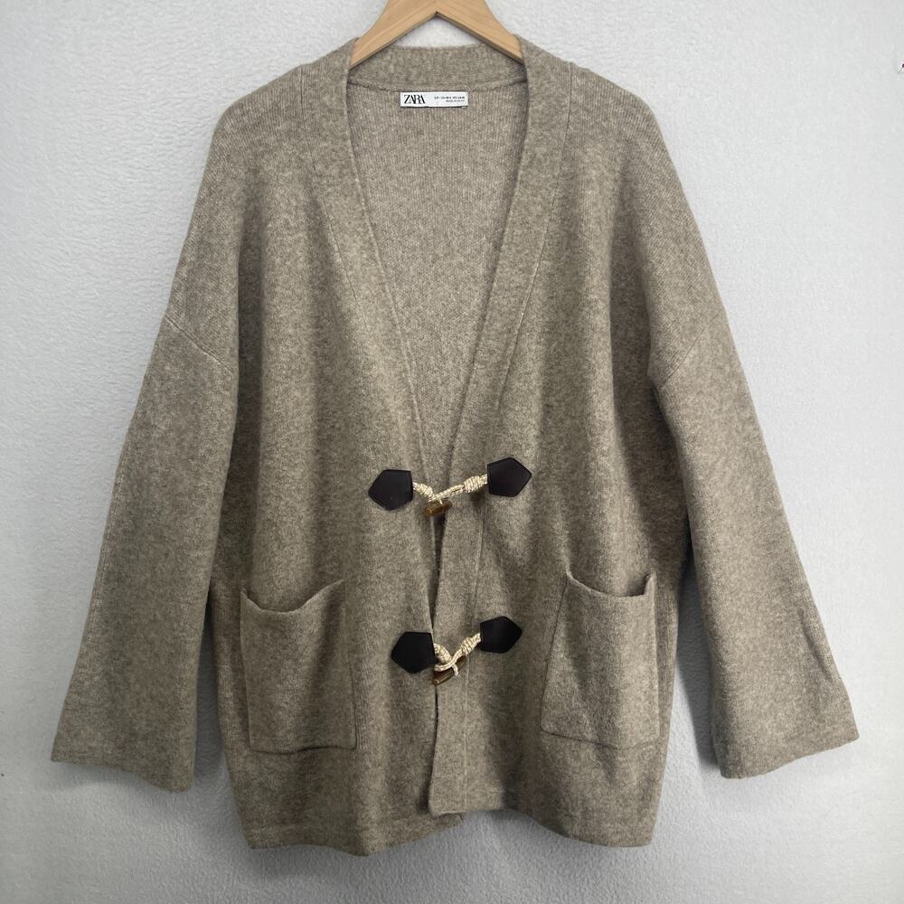 ZARA Sweater Womens XS S Wool Blend Oversized Cardigan Toggle Coatigan Beige - Picture 1 of 12